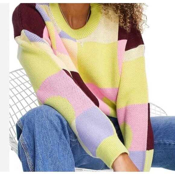 Top Shop Sweater Sz XS/S Abstract Colorblock  Knit Crop Striped Checker Hearts - Picture 2 of 9